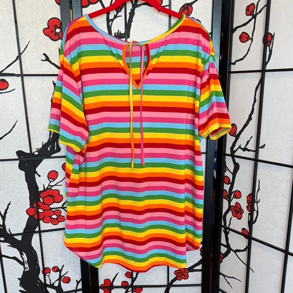 SHEIN 1XL Plus Size High Low High Bow Rainbow Stripe Short Sleeve Tee Shirt - Picture 1 of 12